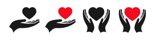 herz-in-hand-icon-set, gesundheitswesen, spenden- und spendenhilfekonzept, hände, die herz-icon-set halten - human cardiovascular system heart shape human hand healthy lifestyle stock-grafiken, -clipart, -cartoons und -symbole