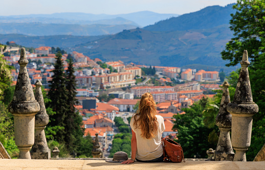 Lamego city landscape panoramic view- Woman travel in Portugal- Viseu province, near Porto