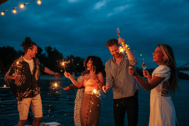 istock Multiracial smiling friends enjoying on the boat party 1490116105