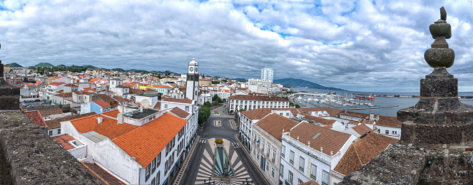 High angle view of Ponta Delgada, main square, harbor in distance, Sao Miguel, Azores