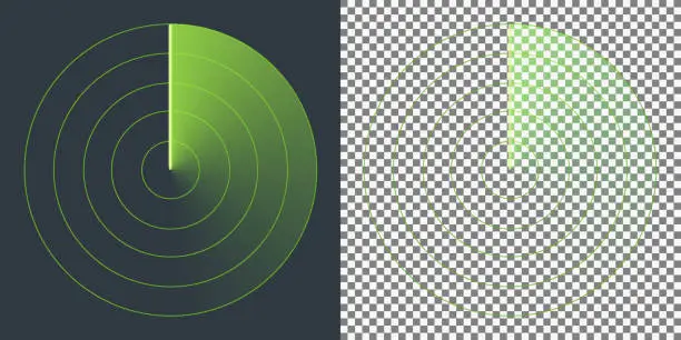 Vector illustration of Radar beam, transparent fading trace and concentric circles with transparent effects on plaid background.
