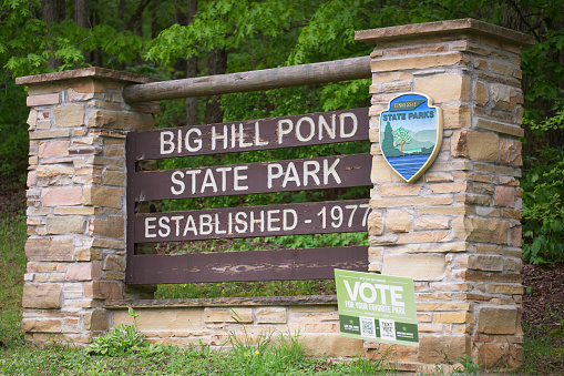 Pocahontas, Tennessee - April 29, 2023: Sign for the Big Hill Pond State Park in Pocahontas, Tennessee.