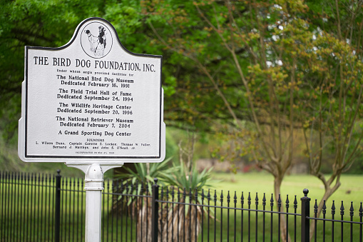 Grand Junction, Tennessee - April 29, 2023: Historic marker sign for The Bird Dog Foundation, Inc. in front of the National Bird Dog Museum and Field Trial Hall of Fame in Grand Junction, Tennessee.