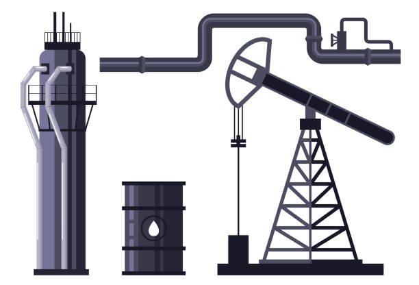 illustrazioni stock, clip art, cartoni animati e icone di tendenza di industria del gasdotto di fabbrica produzione di serbatoi di benzina set isolato. illustrazione grafica vettoriale - engine oil oil oil industry cartoon