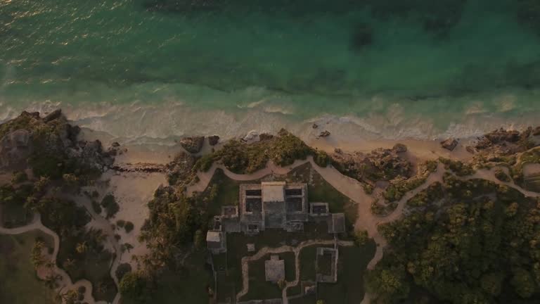 Aerial Drone View Yucatan Tulum Mayan Pyramids Ruins at Sunrise Mexico