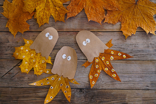 A child makes an octopus craft from autumn leaves and kraft paper. Step by step instruction