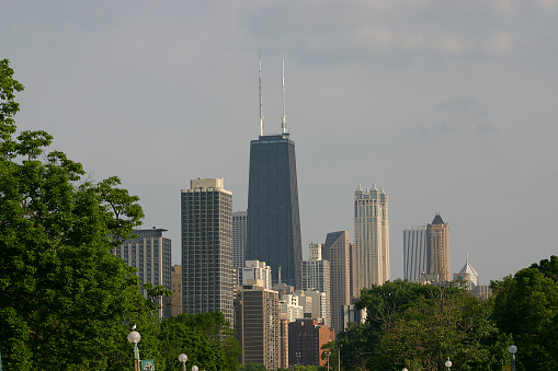 Chicago, Illinois-June 10,2005:Chicago Skyline with John Hancock Center from The Lincoln Park Zoo near Lake Shore Drive
