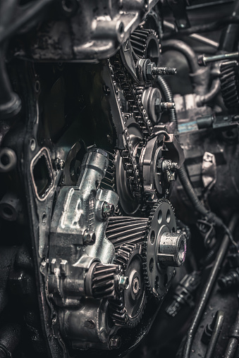 Car timing chain in cutaway engine
