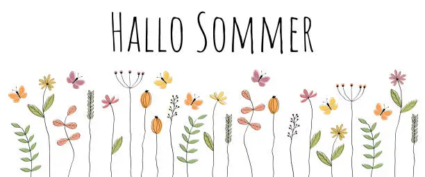 Vector illustration of Hallo Sommer - lettering in German - Hello Summer. Greeting banner with lovingly drawn flowers and butterflies.