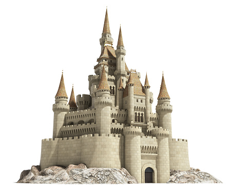 Old fairytale castle on the hill isolated on white. 3d illustration