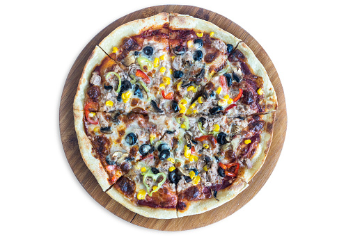 Top view of mix pizza with mozzarella cheese, sausage and kind of vegetables on white background.