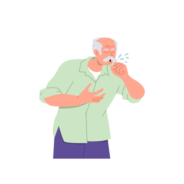 elderly man cartoon character sneezing in hand fist looking sick having problem with health - 咳嗽 插圖 幅插畫檔、美工圖案、卡通及圖標
