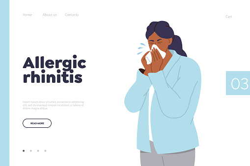 Allergic rhinitis landing page design template for medical service offering methods for treatment. Cartoon woman character suffering from running nose sneezing into tissue napkin vector illustration