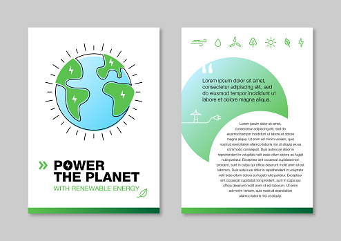 Green or clean energy icons power the Global Energy System. Annual report, flyer, presentation, brochure. Front page report , book cover layout design. Renewable electricity production. Simple, flat illustration.
