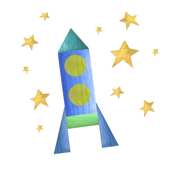 istock Spacecraft flying among the stars from wooden colored bricks isolated on white background. Watercolor illustration for the design of children postcard, greetings, birthday and baby show cards 1490133602