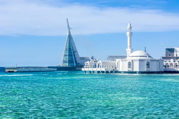 Photo of Alrahmah floating mosque with sea in foreground, Jeddah, Saudi Arabia