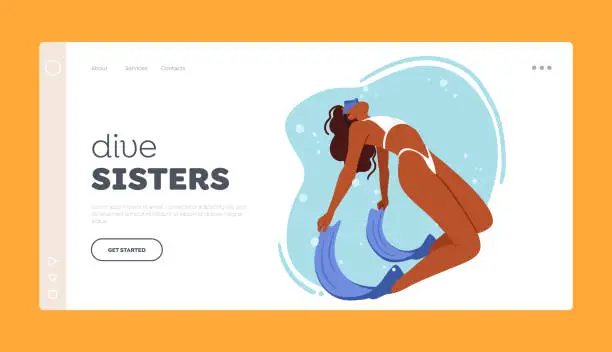 Vector illustration of Dive Sisters Landing Page Template. Woman Wearing Bikini Diving. Swimmer Female Character Propels Through Water