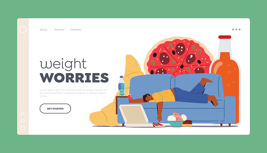 Weight Worries Landing Page Template. Obese Male Character Fall Asleep after Eating Much Fast Food. His Stomach Bloated And Body Lethargic From Fat Unhealthy Meals. Cartoon People Vector Illustration