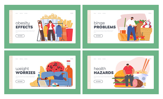 Fat Character Overeat Fast Food Landing Page Template Set. People Experience Weight Gain, Health Problems, And Decreased Energy Levels and Chronic Illnesses. Cartoon Vector Illustration