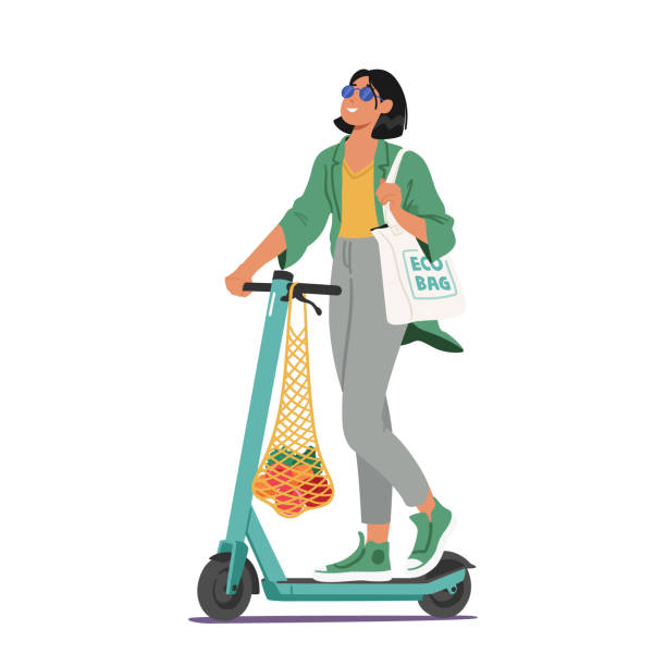 エコバッグを肩に乗せて、環境にやさしい輸送手段を使う女性。二酸化炭素排出量を削減する女性キャラクター - footprint carbon environment city点のイラスト素材／クリップアート素材／マンガ素材／アイコン素材
