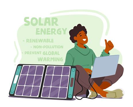 Woman Character Using Solar Energy To Power Laptop Outdoors. Environmentally-friendly And Cost-effective Solution For Remote Work And Productivity On The Go. Cartoon People Vector Illustration, Poster