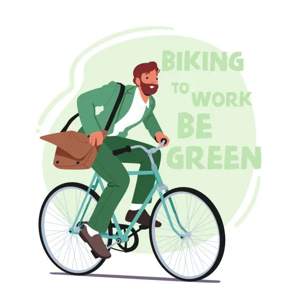 Vector illustration of Eco-friendly Man Rides A Bike to Work For Sustainability, Reducing Carbon Footprint And Promoting A Healthy Lifestyle