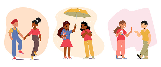 Sharing Sweets or Umbrella, Helping Others, Walk Together, Showing Kindness And Following Rules Are Examples Of Children's Good Behavior Scenes with Kids Characters. Cartoon People Vector Illustration
