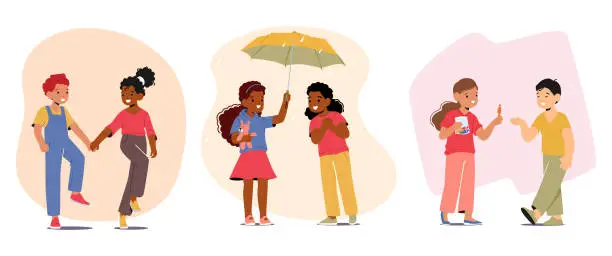 Vector illustration of Sharing Sweets or Umbrella, Helping Others, Walk Together, Showing Kindness And Following Rules Children's Good Behavior