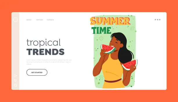 Vector illustration of Tropical Trends Landing Page Template. Woman Enjoying A Slice Of Juicy Watermelon On A Hot Summer Day