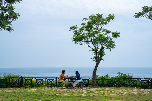 full length photo of mature adult woman wearing a blue blouse and man wearing a yellow sweater sitting on park bench by sea. Tree is seen next to bench. Horizon over sea is seen. Shot under daylight.