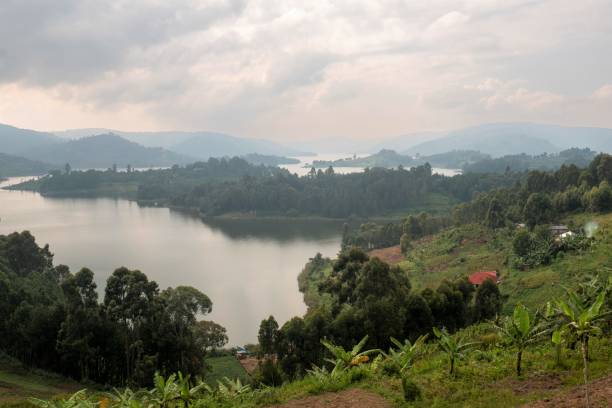 Wide view of Lake Bunyoni in southern Uganda stock photo