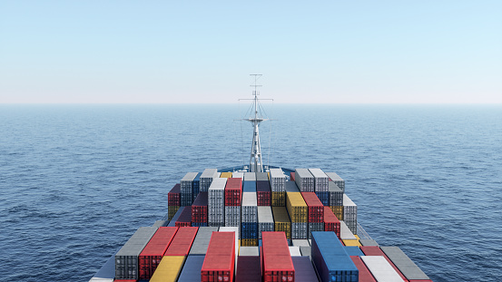 3D Render of a large cargo vessel sailing on the sea.