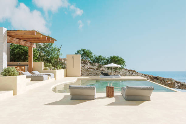 modern beach hotel with sea view swimming pool - swimming pool luxury mansion holiday villa imagens e fotografias de stock