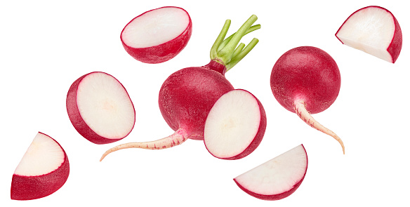 Falling radish isolated on white background with clipping path, collection