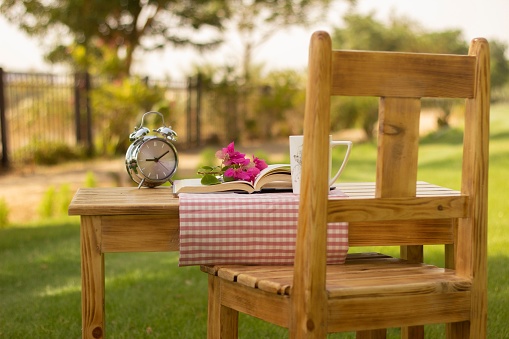 A wooden chair and a table with a clock, book, flowers and a cup on it, in the park on a spring day
