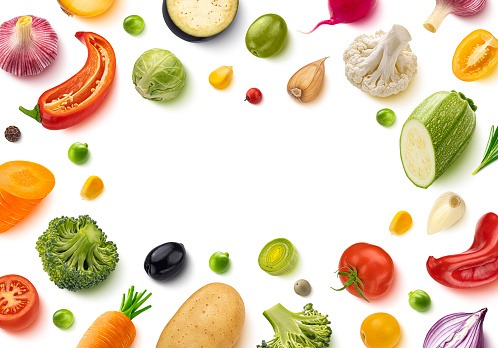 Frame of vegetables isolated on white background, flat lay, top view. Creative layout made of tomato, onion, potato, carrot, cabbage, chilly pepper and broccoli. Healthy food ingredient banner