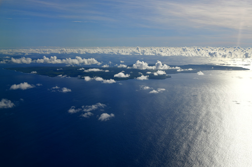 Tinian island, Northern Mariana Islands: full view of Tinian from the air - western coast on the Philippine Sea, with San Jose on the right.