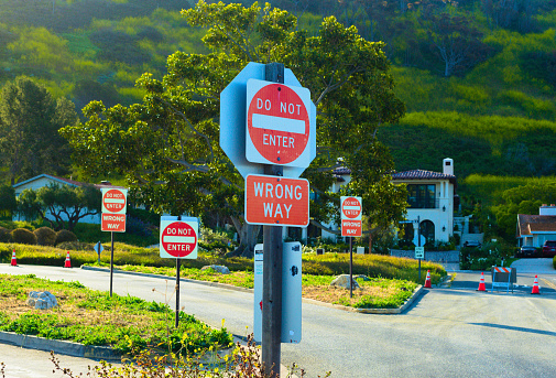 A group of traffic signs emphatically announce DO NOT ENTER and WRONG WAY on a grassy suburban road, conveying the concept of heading in the wrong direction. Course correction needed. High quality photo