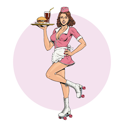 Waitress on roller skates, drive-in restaurant diner service isolated on white and pink background. Young cute girl in uniform and music jukebox. 50's or 60's American style vector illustration