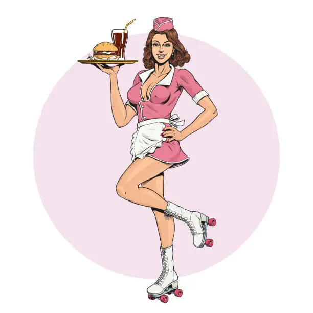 Vector illustration of Waitress on roller skates, drive-in restaurant diner service. Young cute girl in uniform and music jukebox. Vector illustration