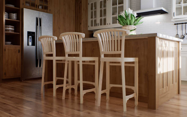 istock The interior of a large U-shaped kitchen with a wooden front and a large island. Stylish, cozy kitchen with appliances and plants with sun rays. 3d rendering 1490146607
