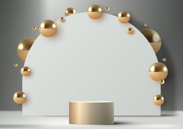 istock 3D realistic modern luxury style golden podium stand with white geometric rounded backdrop decoration gold balls on gray background 1490149487