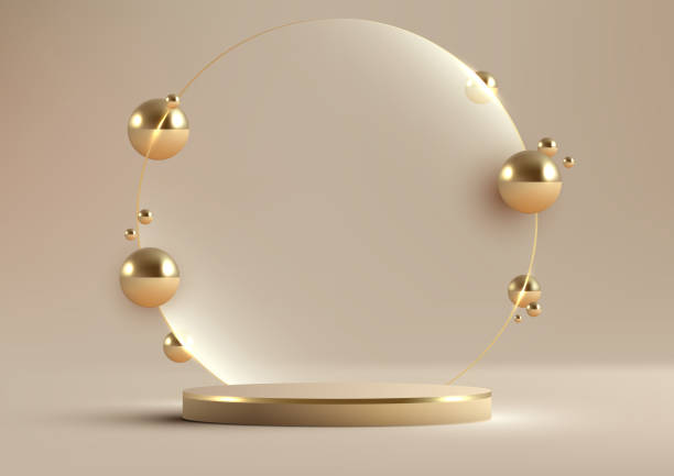 istock 3D realistic luxury style golden podium platform with transparent glass circle backdrop decoration gold balls on beige background 1490149506