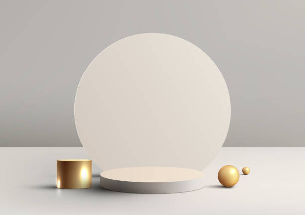 3d realistyczny luksusowy styl beżowo-złota platforma podium z okrągłą dekoracją tła złote kulki na białym tle - sale stock illustrations