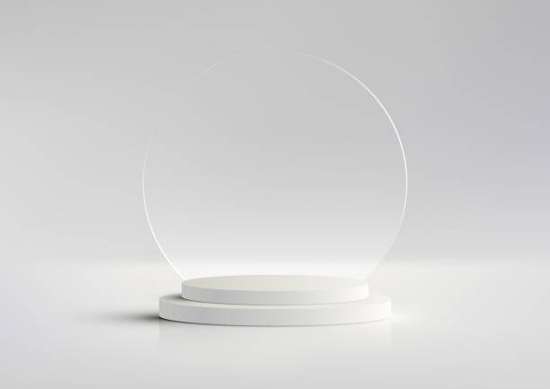 3d realistyczna nowoczesna luksusowa platforma podium z przezroczystym szklanym kółkiem na białym i szarym tle - sale stock illustrations