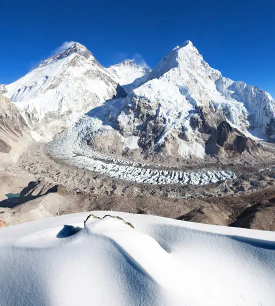 View of Mount Everest, Lhotse and Nuptse with snowdrift from Pumori base camp - way to Mount Everest base camp - Sagarmatha national park - Nepal