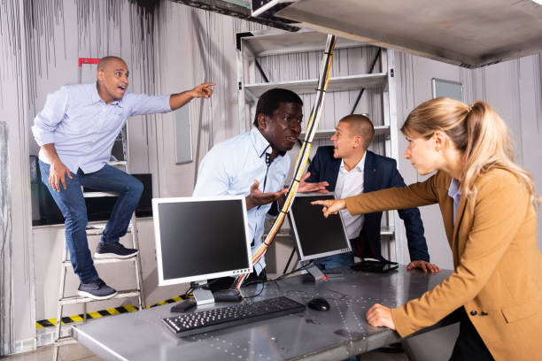 istock Four friends solving puzzles in quest room 1490150983