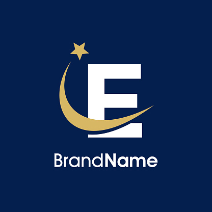 Simple Elegant Illustration logo design Initial E with Swooshing star in gold color. Logo can use for any industry and work as well in small size.