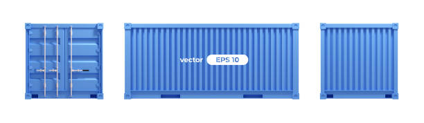 frachtcontainer isoliert auf weißem hintergrund. vektor-illustration. 3d-rendering. versand-, transport- und liefervorlage. blaue farbe. realistisches konzept. einfaches cartoon-design. eps10 abbildung. - container stock-grafiken, -clipart, -cartoons und -symbole