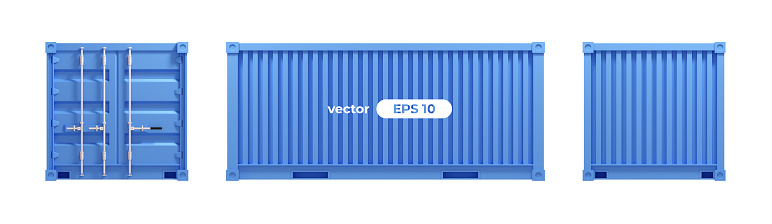 Cargo container isolated on white background. Vector illustration. 3d render. Shipping, transportation and delivery template. Blue color. Realistic concept. Simple cartoon design. Eps10 illustration.